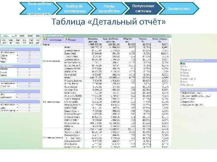 Цель работы и актуальность Выбор BIплатформы Этапы разработки Полученная системы Таблица «Детальный отчёт» Заключение