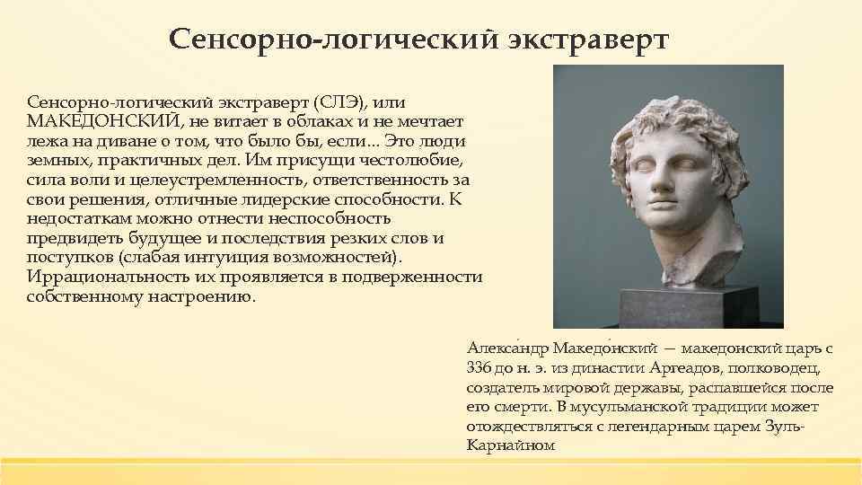 Сенсорно-логический экстраверт (СЛЭ), или МАКЕДОНСКИЙ, не витает в облаках и не мечтает лежа на