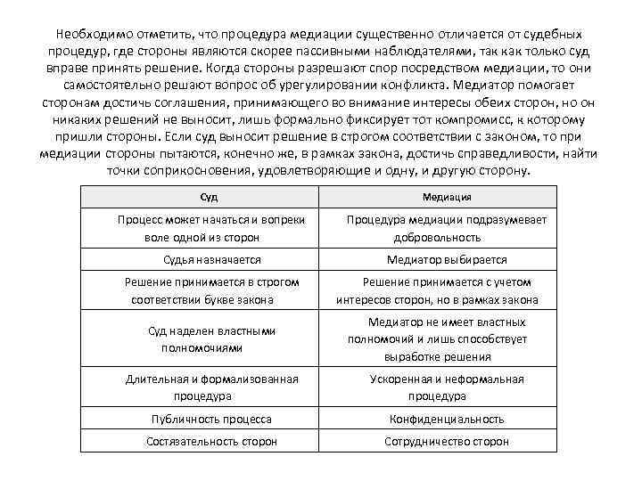 Необходимо отметить, что процедура медиации существенно отличается от судебных процедур, где стороны являются скорее