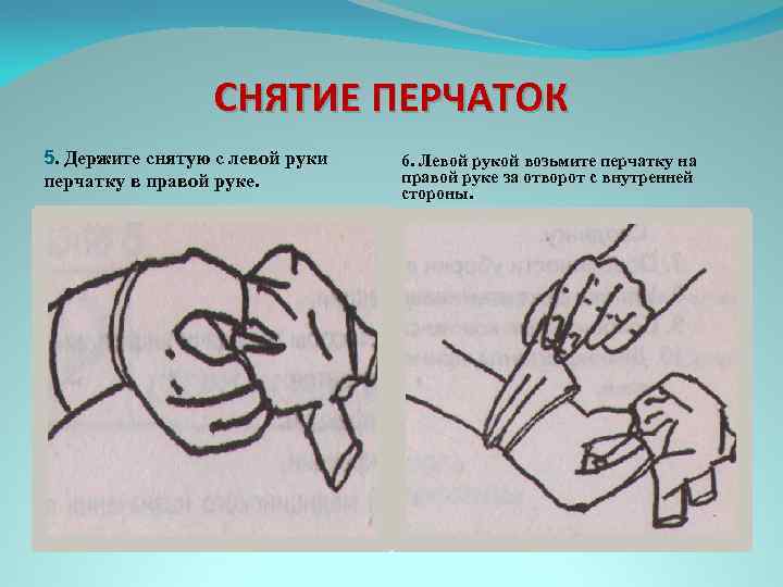 СНЯТИЕ ПЕРЧАТОК 5. Держите снятую с левой руки перчатку в правой руке. 6. Левой