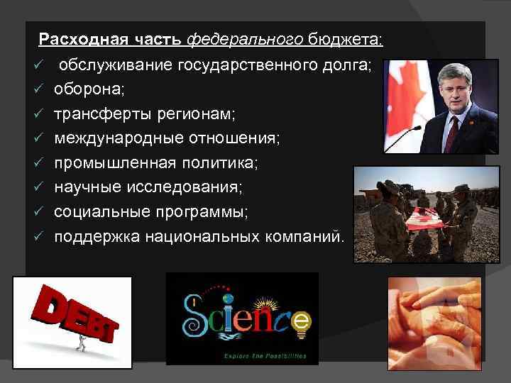  Расходная часть федерального бюджета: ü ü ü ü обслуживание государственного долга; оборона; трансферты