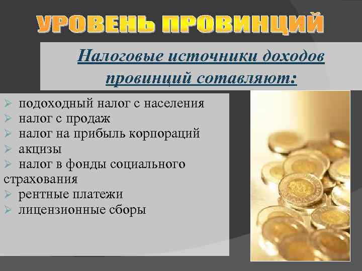 Налоговые источники доходов провинций сотавляют: подоходный налог с населения налог с продаж налог на