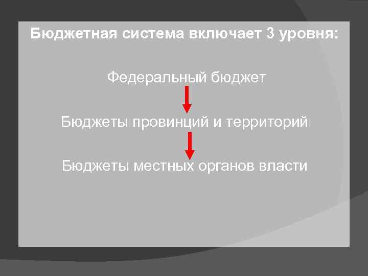 Бюджетная система включает 3 уровня: Федеральный бюджет Бюджеты провинций и территорий Бюджеты местных органов