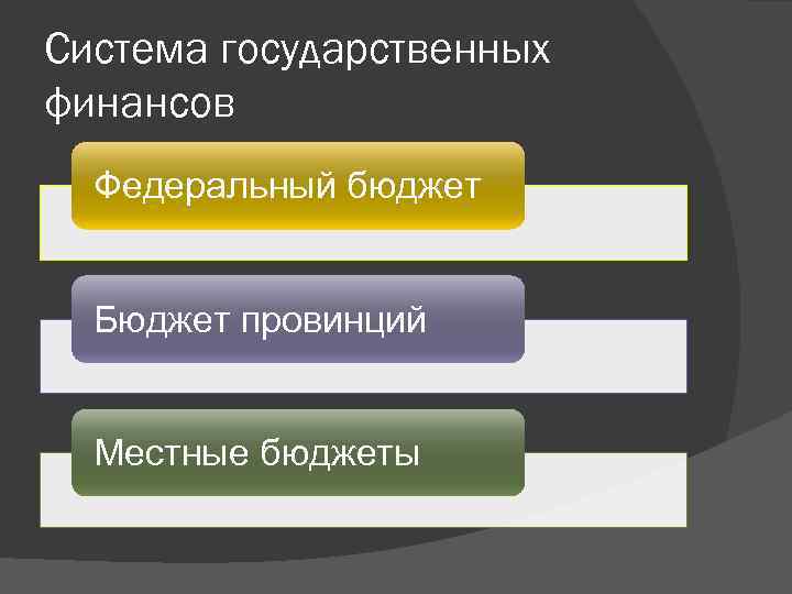 Система государственных финансов Федеральный бюджет Бюджет провинций Местные бюджеты 