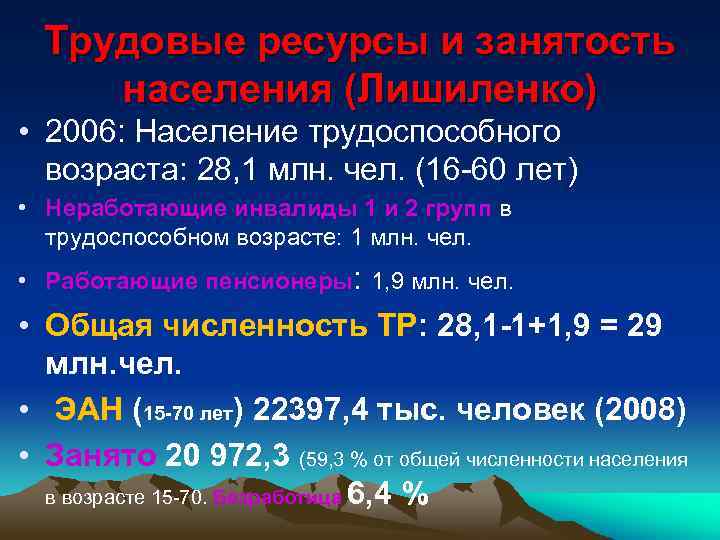 Трудовые ресурсы и занятость населения (Лишиленко) • 2006: Население трудоспособного возраста: 28, 1 млн.