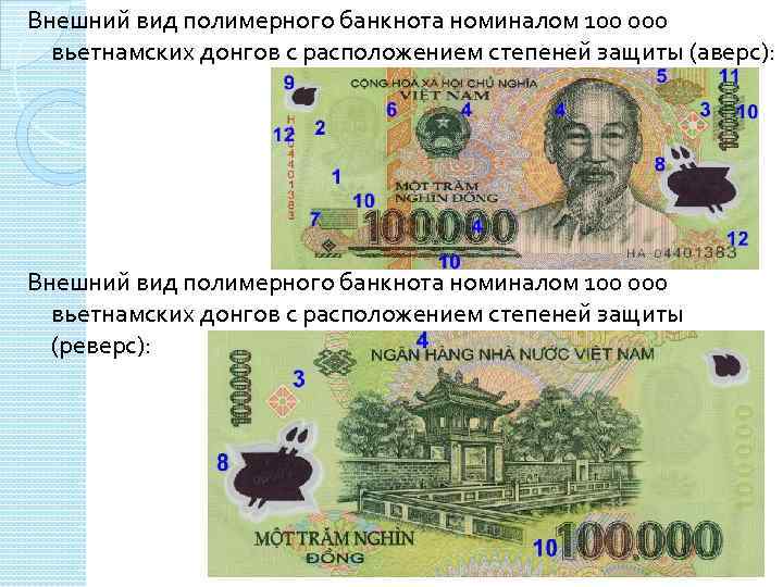 Внешний вид полимерного банкнота номиналом 100 000 вьетнамских донгов с расположением степеней защиты (аверс):
