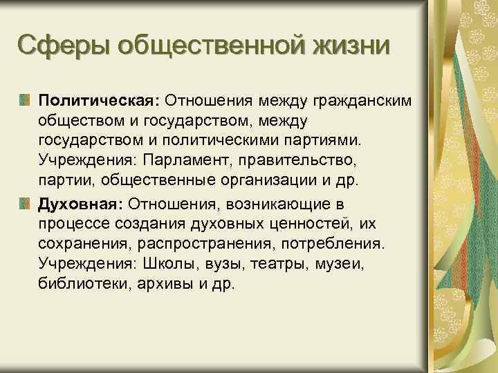 Сферы общественной жизни Политическая: Отношения между гражданским обществом и государством, между государством и политическими