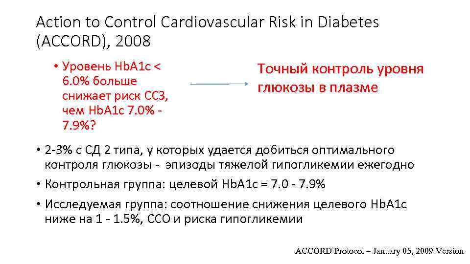 Action to Control Cardiovascular Risk in Diabetes (ACCORD), 2008 • Уровень Нb. A 1