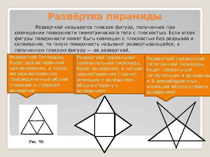 Развёртка пирамиды Разверткой называется плоская фигура, полученная при совмещении поверхности геометрического тела с плоскостью.