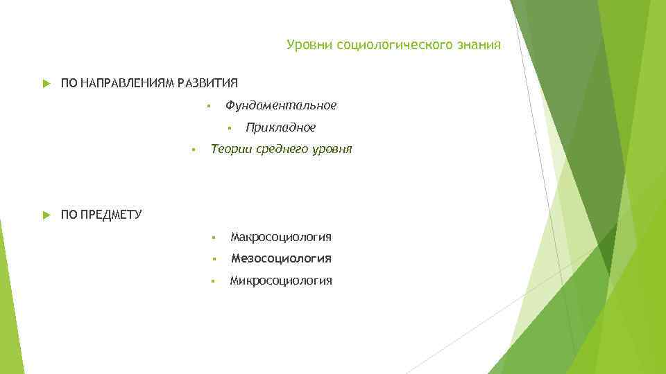 Уровни социологического знания ПО НАПРАВЛЕНИЯМ РАЗВИТИЯ Фундаментальное § § § Прикладное Теории среднего уровня