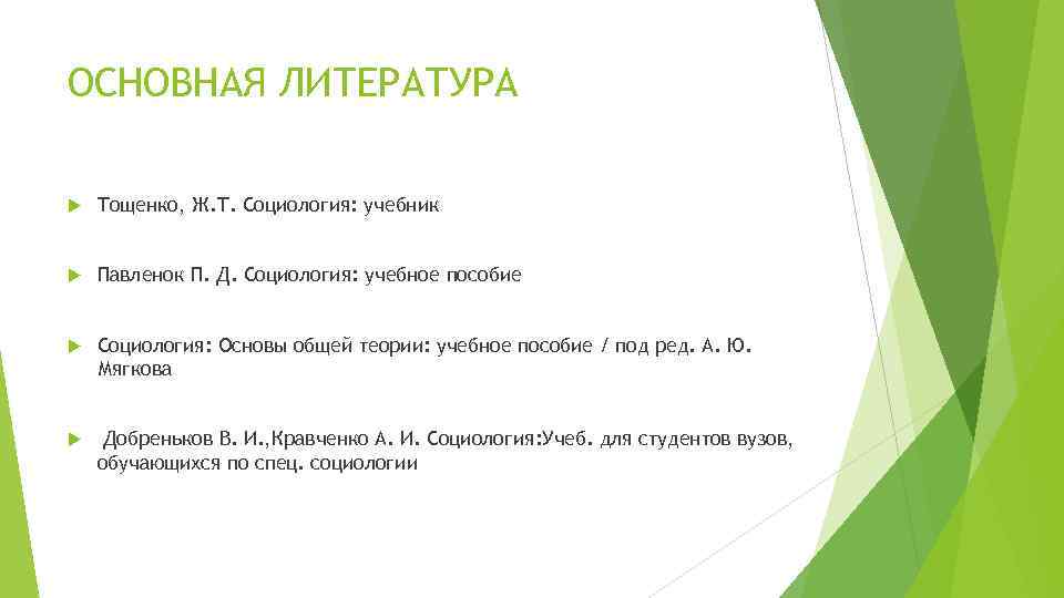 ОСНОВНАЯ ЛИТЕРАТУРА Тощенко, Ж. Т. Социология: учебник Павленок П. Д. Социология: учебное пособие Социология: