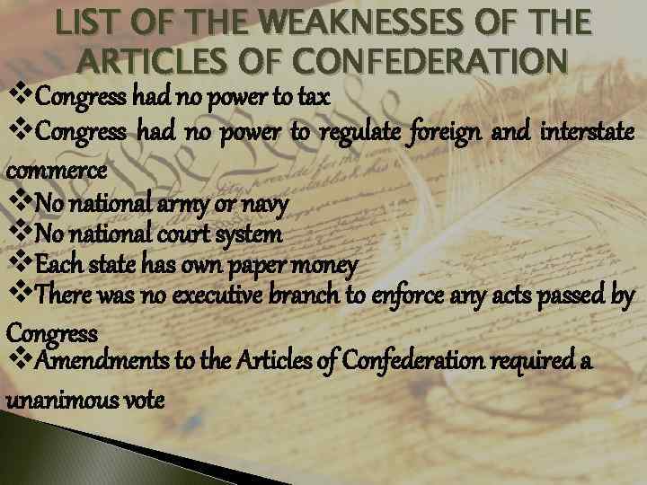 LIST OF THE WEAKNESSES OF THE ARTICLES OF CONFEDERATION v. Congress had no power