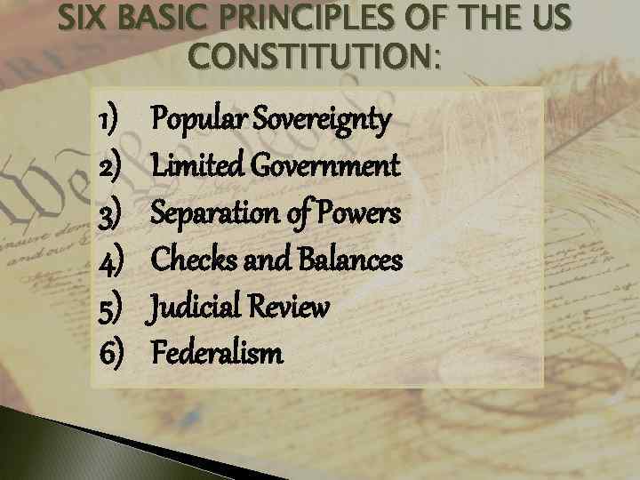 SIX BASIC PRINCIPLES OF THE US CONSTITUTION: 1) 2) 3) 4) 5) 6) Popular