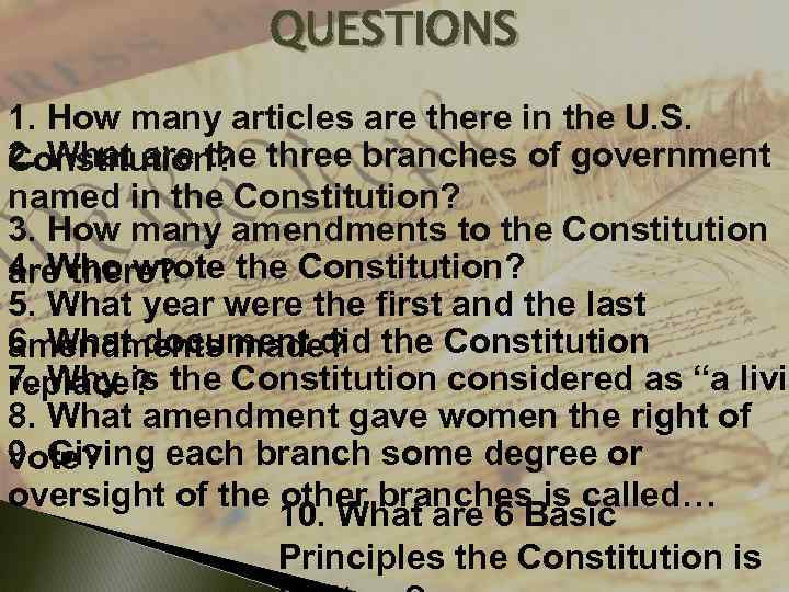 QUESTIONS 1. How many articles are there in the U. S. 2. What are