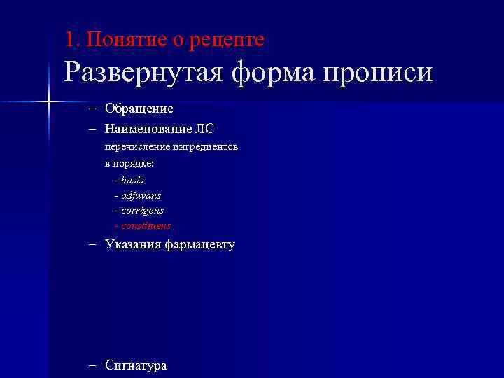 1. Понятие о рецепте Развернутая форма прописи – Обращение – Наименование ЛС перечисление ингредиентов