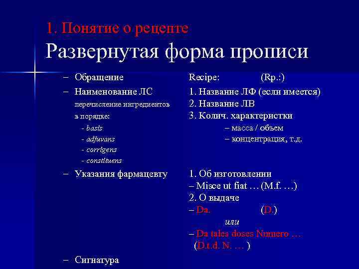1. Понятие о рецепте Развернутая форма прописи – Обращение – Наименование ЛС перечисление ингредиентов