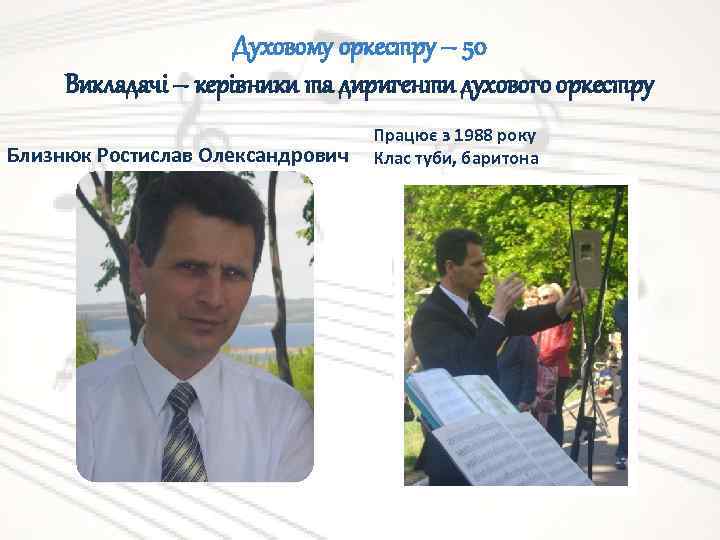 Духовому оркестру – 50 Викладачі – керівники та диригенти духового оркестру Близнюк Ростислав Олександрович