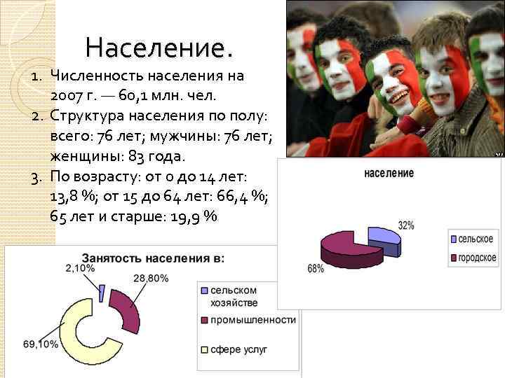 Население. 1. Численность населения на 2007 г. — 60, 1 млн. чел. 2. Структура