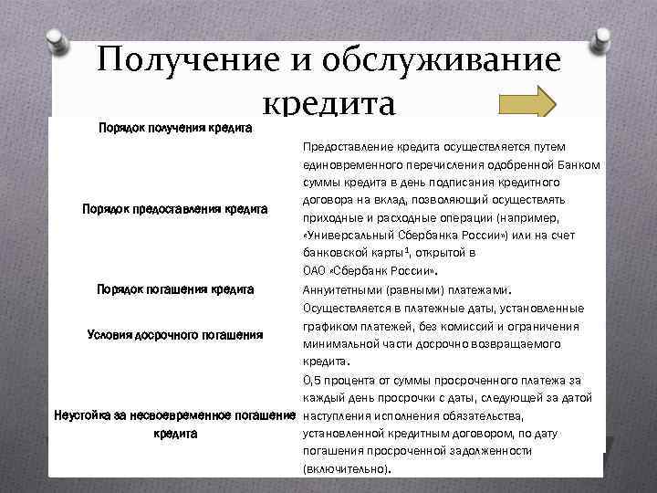 Получение и обслуживание кредита Порядок получения кредита Предоставление кредита осуществляется путем единовременного перечисления одобренной