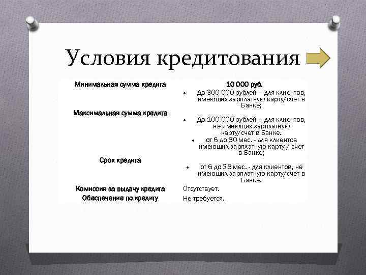 Условия кредитования Минимальная сумма кредита 10 000 руб. До 300 000 рублей – для