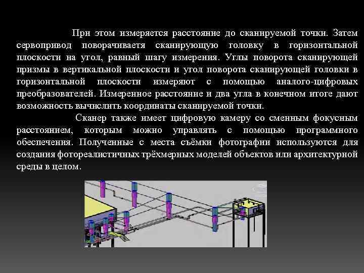 При этом измеряется расстояние до сканируемой точки. Затем сервопривод поворачиваетя сканирующую головку в горизонтальной