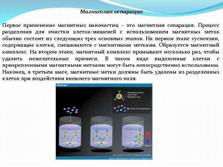 Магнитная сепарация Первое применение магнитных наночастиц – это магнитная сепарация. Процесс разделения для очистки