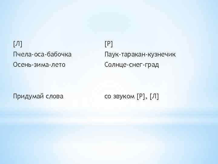 [Л] [Р] Пчела-оса-бабочка Паук-таракан-кузнечик Осень-зима-лето Солнце-снег-град Придумай слова со звуком [Р], [Л] 
