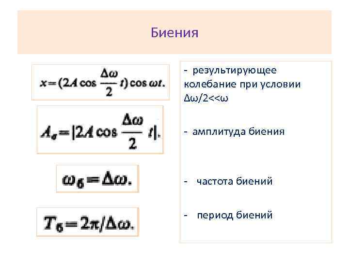 Биения - результирующее колебание при условии Δω/2˂˂ω - амплитуда биения - частота биений -