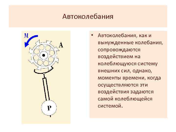 Автоколебания • Автоколебания, как и вынужденные колебания, сопровождаются воздействием на колеблющуюся систему внешних сил,