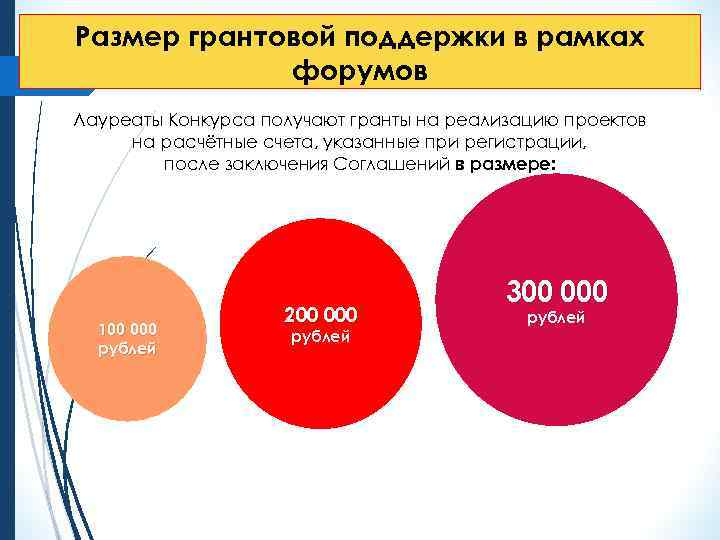 Размер грантовой поддержки в рамках форумов Лауреаты Конкурса получают гранты на реализацию проектов на