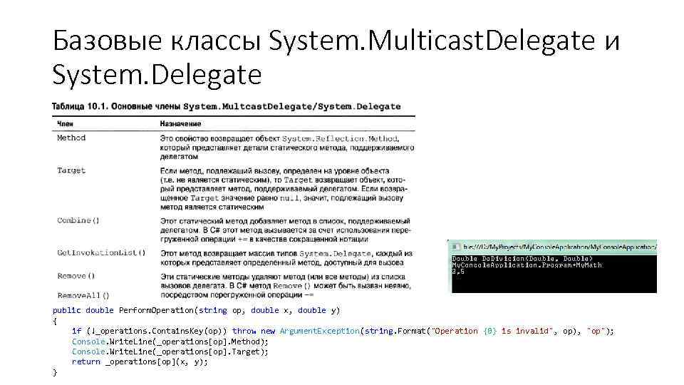 Базовые классы System. Multicast. Delegate и System. Delegate public double Perform. Operation(string op, double