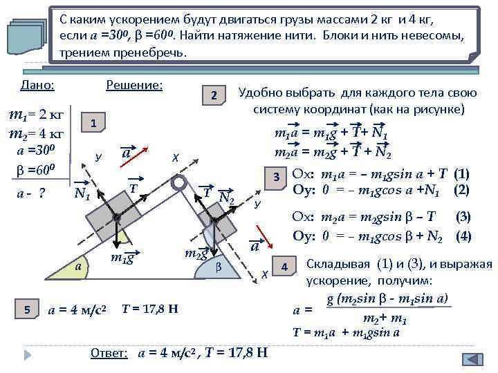 С каким ускорением будут двигаться грузы массами 2 кг и 4 кг, если а