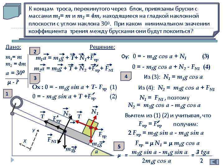 К концам троса, перекинутого через блок, привязаны бруски с массами m 1= m и