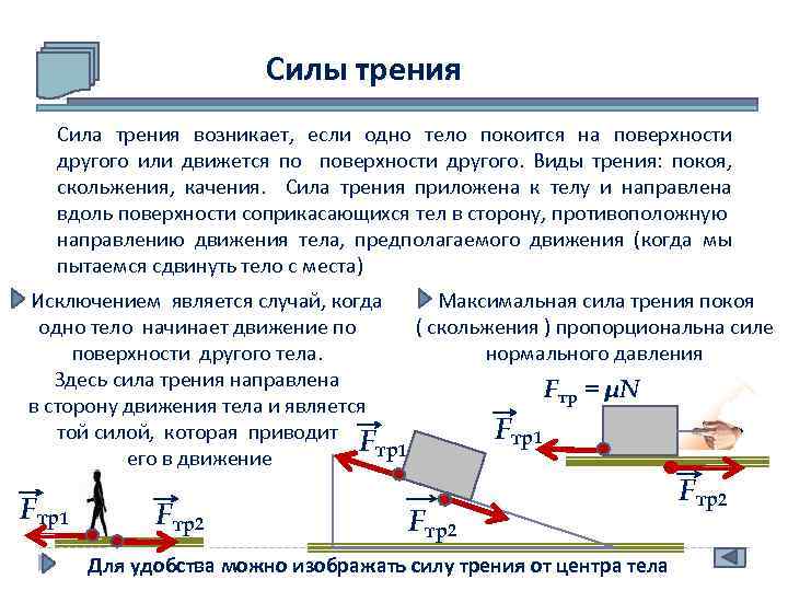 Силы трения Сила трения возникает, если одно тело покоится на поверхности другого или движется