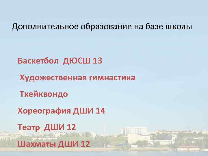 Дополнительное образование на базе школы Баскетбол ДЮСШ 13 Художественная гимнастика Тхейквондо Хореография ДШИ 14