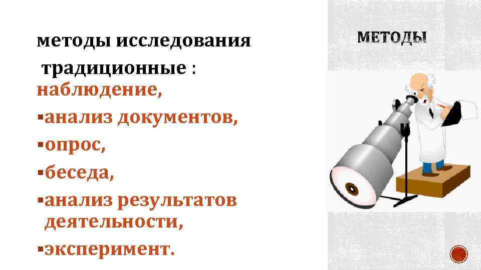 методы исследования традиционные : наблюдение, §анализ документов, §опрос, §беседа, §анализ результатов деятельности, §эксперимент. 