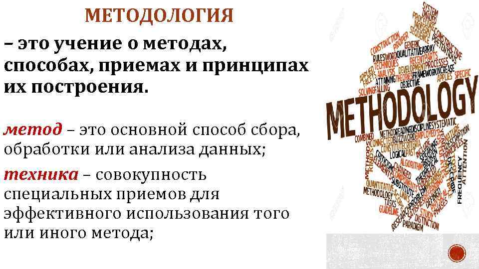 МЕТОДОЛОГИЯ – это учение о методах, способах, приемах и принципах их построения. метод –