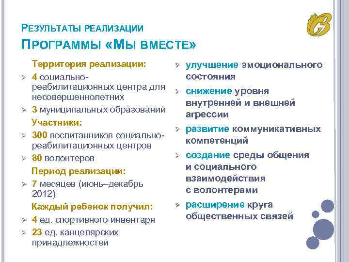 РЕЗУЛЬТАТЫ РЕАЛИЗАЦИИ ПРОГРАММЫ «МЫ ВМЕСТЕ» Ø Ø Ø Ø Территория реализации: 4 социальнореабилитационных центра