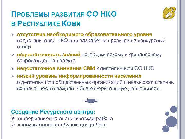 ПРОБЛЕМЫ РАЗВИТИЯ СО НКО В РЕСПУБЛИКЕ КОМИ Ø Ø отсутствие необходимого образовательного уровня представителей