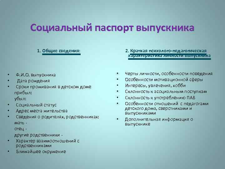 Социальный паспорт выпускника 1. Общие сведения: • Ф. И. О. выпускника • Дата рождения