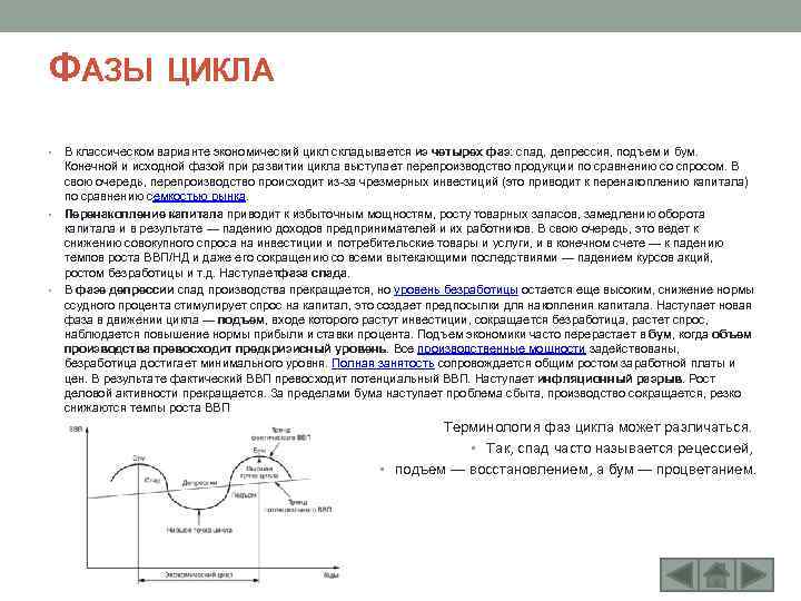 ФАЗЫ ЦИКЛА В классическом варианте экономический цикл складывается из четырех фаз: спад, депрессия, подъем