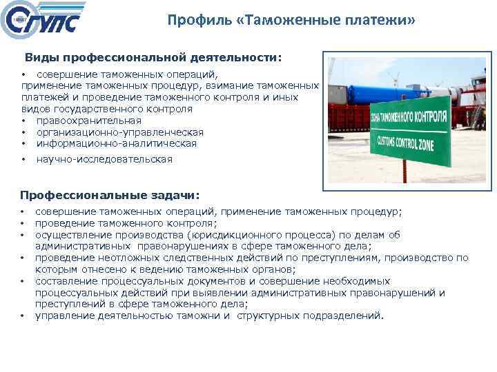 Профиль «Таможенные платежи» Виды профессиональной деятельности: • совершение таможенных операций, применение таможенных процедур, взимание