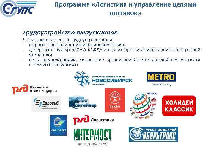 Программа «Логистика и управление цепями поставок» Трудоустройство выпускников Выпускники успешно трудоустраиваются: в транспортных и