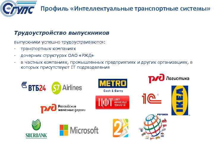 Профиль «Интеллектуальные транспортные системы» Трудоустройство выпускников выпускники успешно трудоустраиваются: транспортных компаниях дочерних структурах ОАО