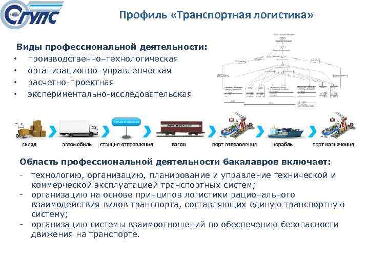 Профиль «Транспортная логистика» Виды профессиональной деятельности: • производственно–технологическая • организационно–управленческая • расчетно проектная •