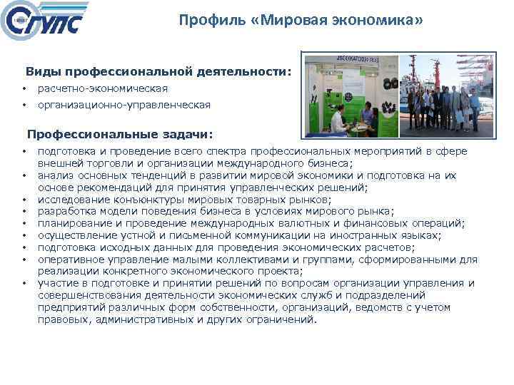 Профиль «Мировая экономика» Виды профессиональной деятельности: • расчетно экономическая • организационно управленческая Профессиональные задачи: