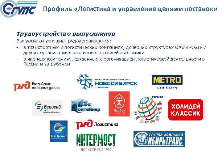 Профиль «Логистика и управление цепями поставок» Трудоустройство выпускников Выпускники успешно трудоустраиваются: в транспортных и