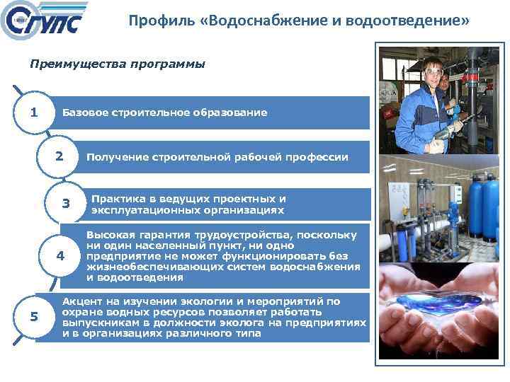 Профиль «Водоснабжение и водоотведение» Преимущества программы 1 Базовое строительное образование 2 3 4 5