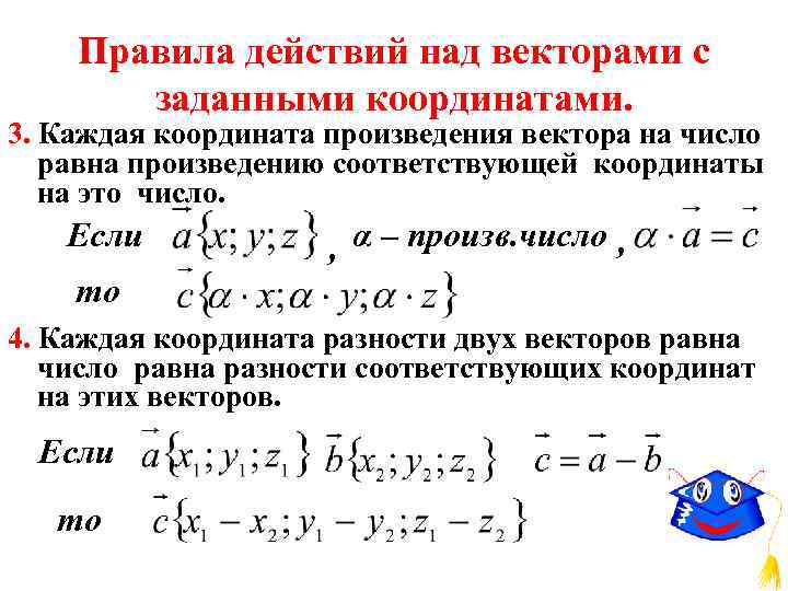 Правила действий над векторами с заданными координатами. 3. Каждая координата произведения вектора на число