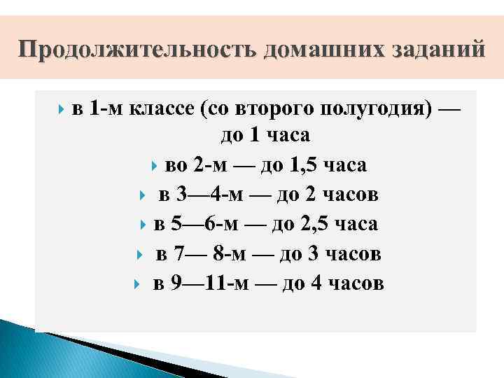 Продолжительность домашних заданий в 1 м классе (со второго полугодия) — до 1 часа